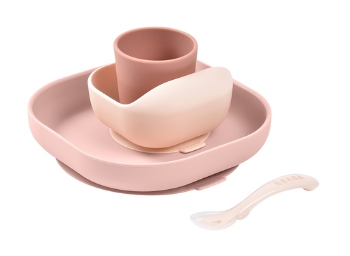 [338086] EETSET, pink, uni, 4 delig: plat bord met zuignap, kom met zuignap, beker, lepel, volledig silicone, 2020