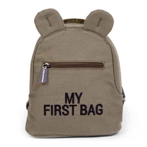 [423022] RUGZAK, My First Bag Canvas, kaki, groen/bruin, uni/print tekst "My First Bag", 20x24x8cm, 2021