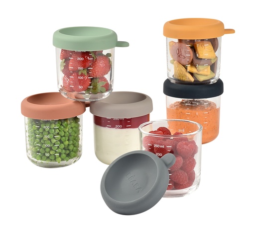 [471896] Beaba | Bewaarpotje Sunrise Color Mix Glas/Siliconen 250ml 6-pack