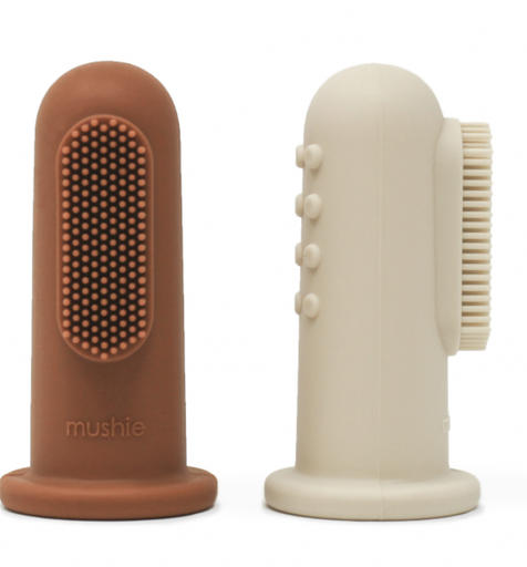 [400776] Mushie | Vingertandenborstel Sand/Clay Siliconen Ecru/Bruin 2-pack