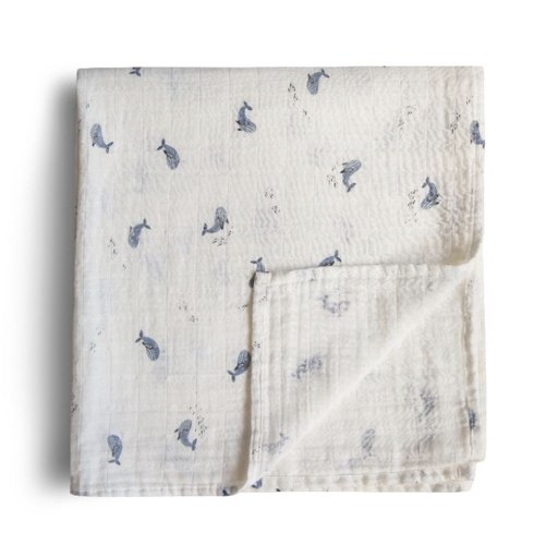 [466463] Mushie | Tetra Doek Whales Ecru/Blauw 120x120cm