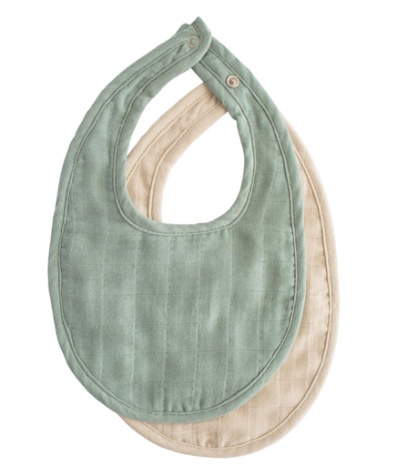 [473454] SLABBETJE, Muslin Bib 2-pack, roman green/fog, groen/ecru, uni, drukknopen- sluiting, tetra, 18.5x29.5cm, 2 stuk(s)