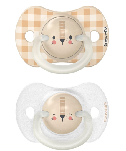 [481673] Suavinex | Fopspeen Duo Night&Day GID Silicone Ortho/Physio Lion Beige 0-6M 2-pack