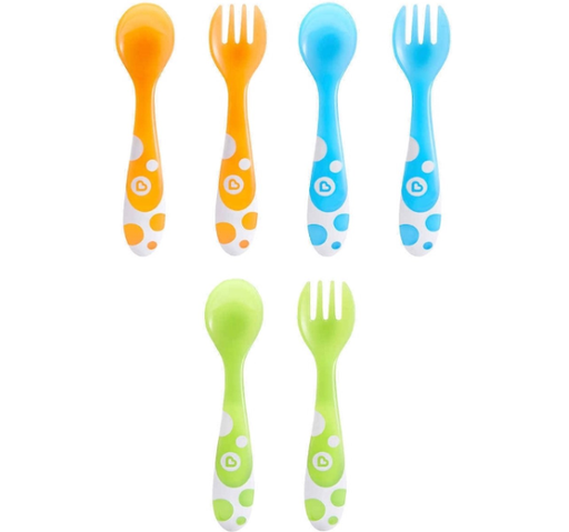 [446084] Munchkin | Lepel/Vork Multi Coloured Forks & Spoons All over Stippen 6-pack